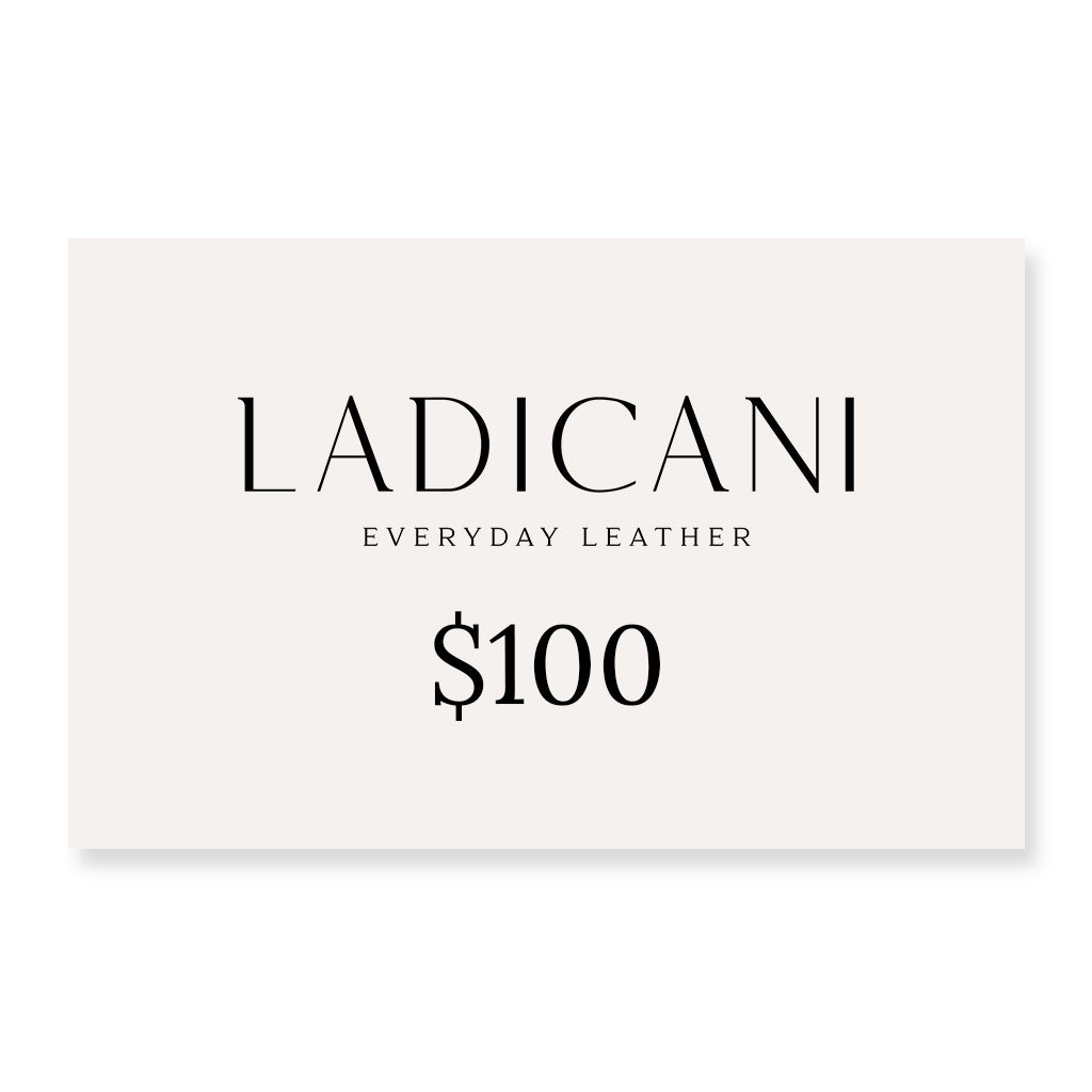 Ladicani Everyday Leather gift card with a $100 value on a white background
