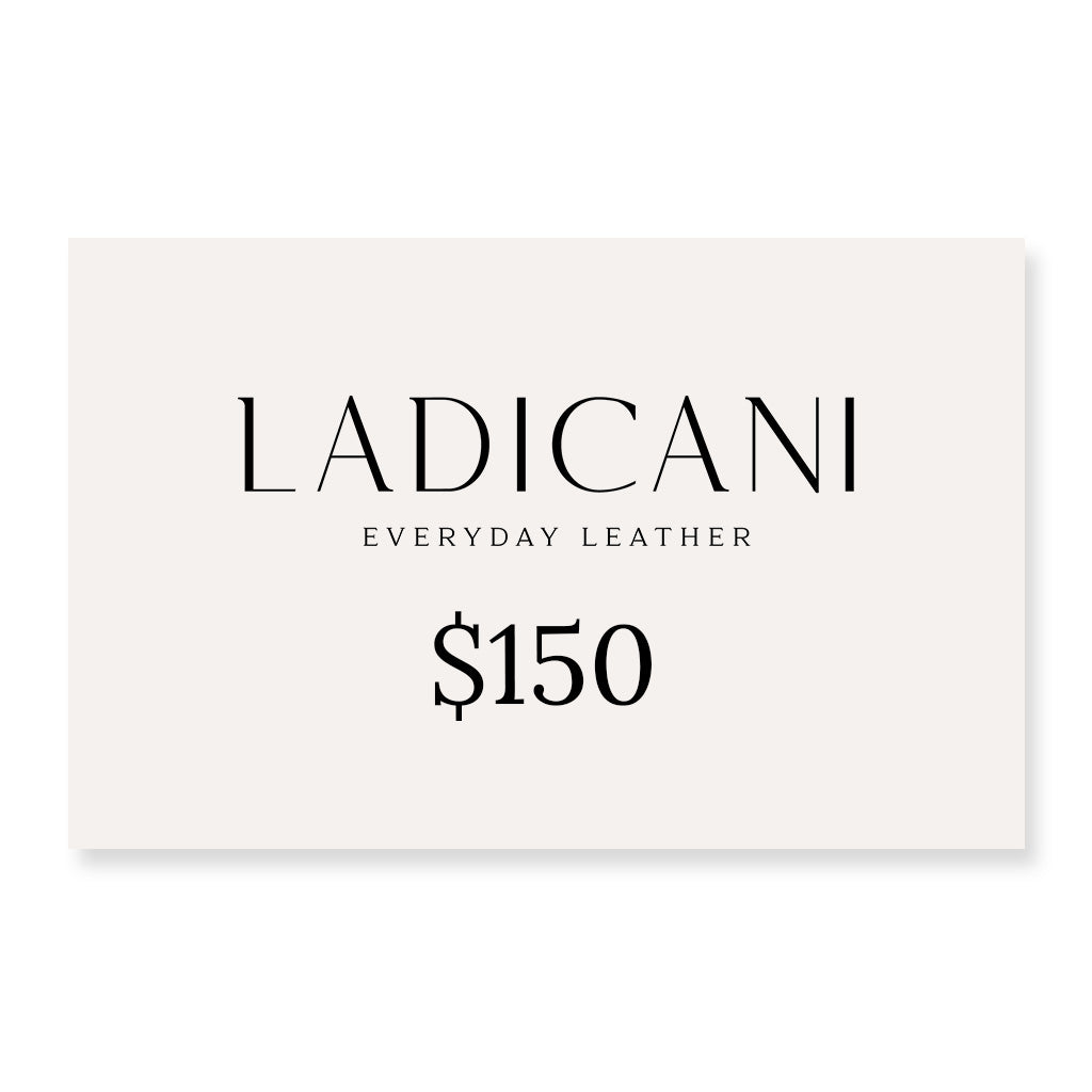 Ladicani Everyday Leather gift card with a $150 value on a white background