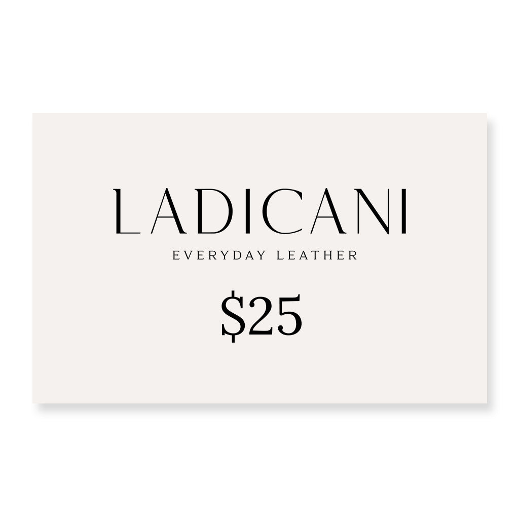 Ladicani Everyday Leather gift card with a $25 value on a white background