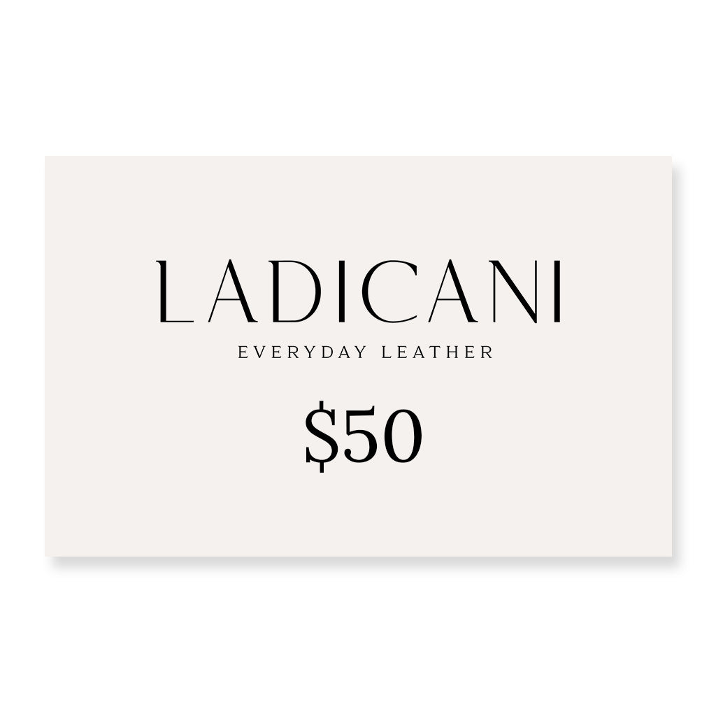 Ladicani Everyday Leather gift card with a $50 value on a white background
