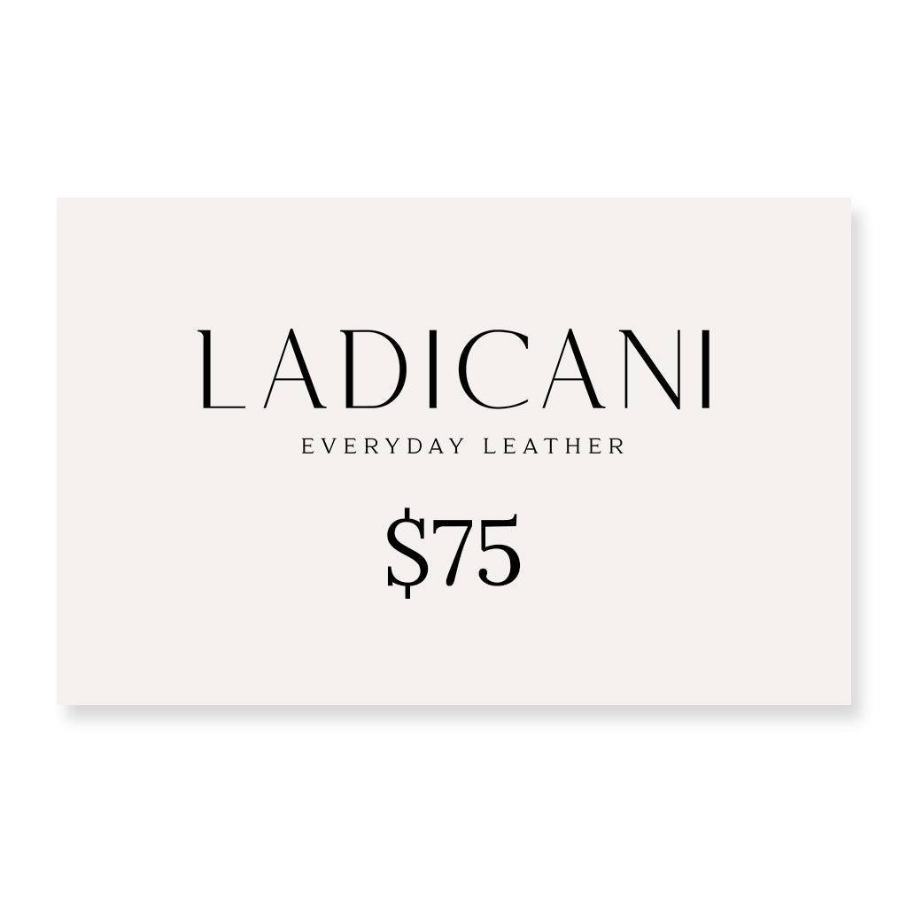 Ladicani Everyday Leather gift card with a $75 value on a white background