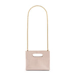 Beige textured cassette bag with a visible brand logo and long gold chain strap on a white background