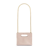 Beige textured cassette bag with a visible brand logo and long gold chain strap on a white background