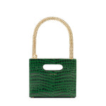 Green textured cassette bag with a visible brand logo and short gold chain strap on a white background