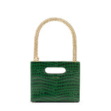Green textured cassette bag with a visible brand logo and short gold chain strap on a white background