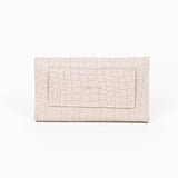 Back of a beige mini clutch bag on a white background