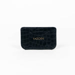 Black leather slim wallet with branding on a white background