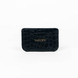 Black leather slim wallet with branding on a white background