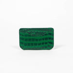 Back of a green leather slim wallet with branding on a white background