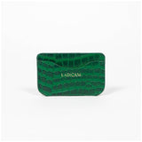 Green leather slim wallet with branding on a white background