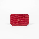 Red leather slim wallet with branding on a white background